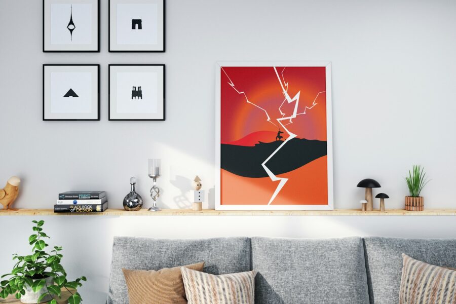 Living room anime posters couch