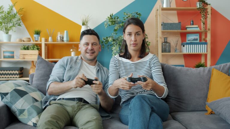 Parents child co-op video game living room