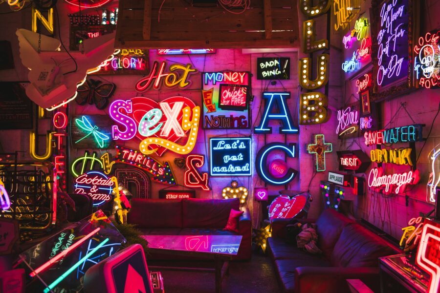Themed restaurant interior neon signs booths
