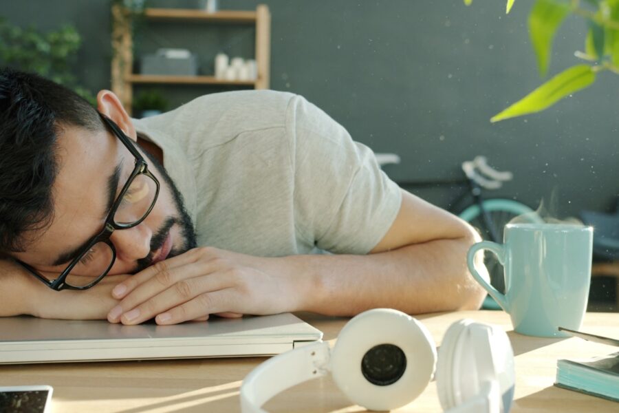 Home office desk headphones laptop coffee