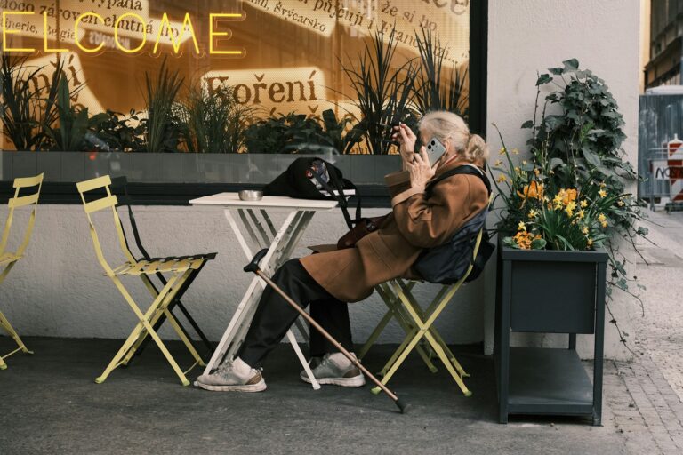 Woman knit ord set sitting cafe