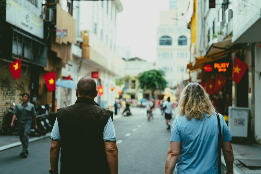 Two people wearing matching sets city street