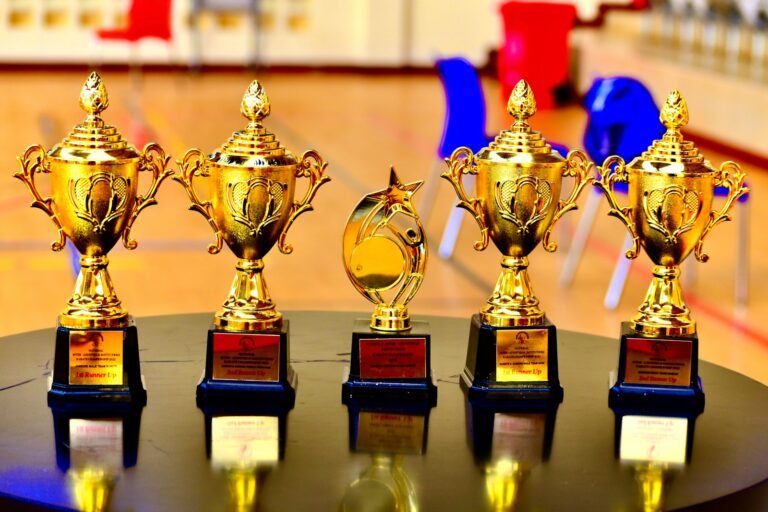 Golden trophy spotlight stage