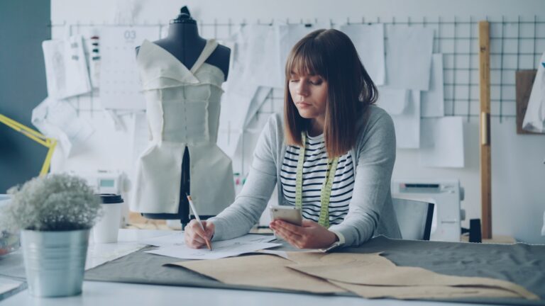 Costume designer studio sketches fabrics