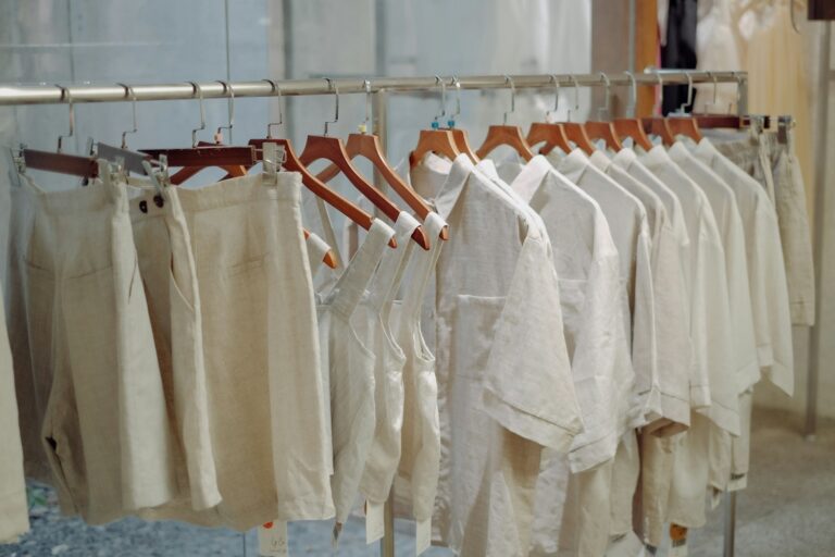 Linen trousers blazer sandals linen shirt hanging rack