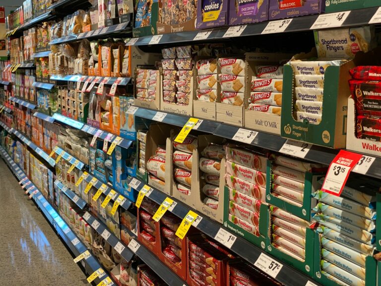 Colorful snack board cheese fruit bread supermarket shelf