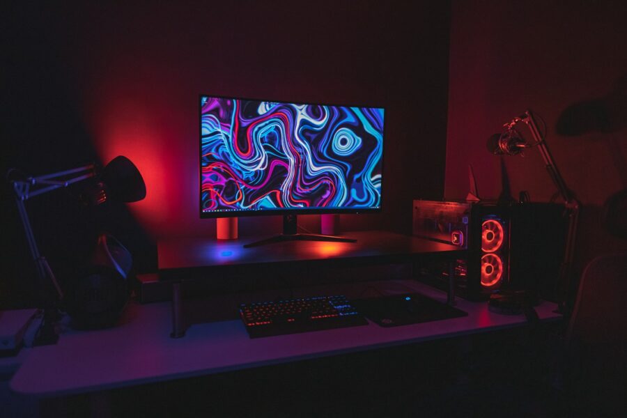 Gaming setup rgb keyboard monitor headset