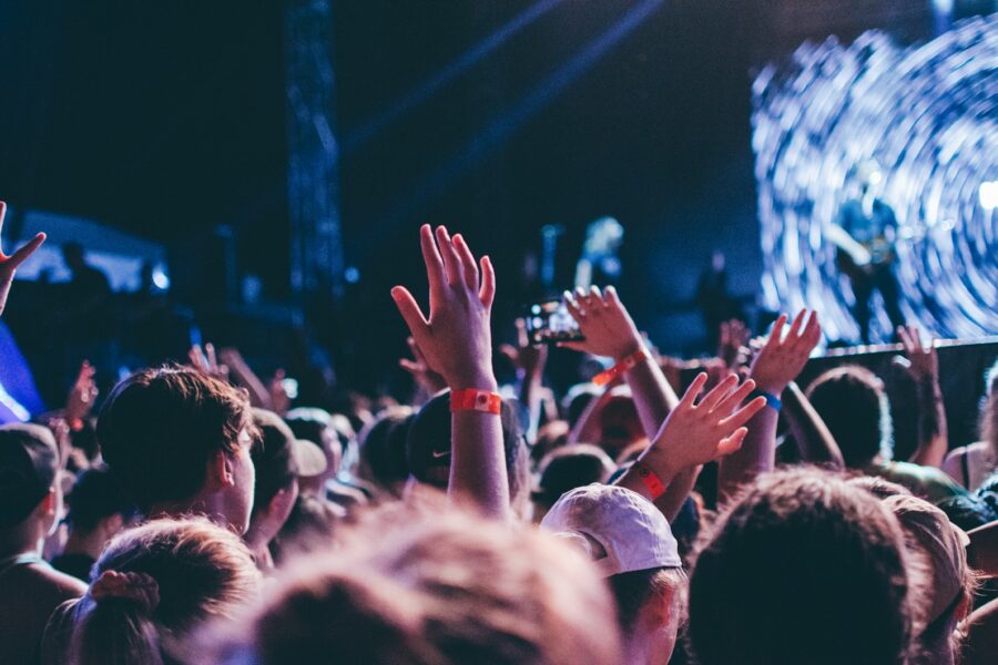 Concert crowd singing stage lights
