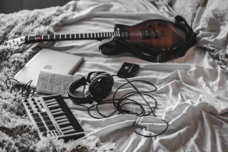 Bedroom music studio laptop microphone soft lighting