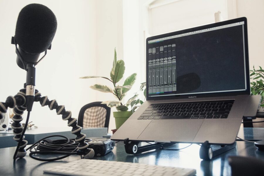 Bedroom music studio laptop microphone soft lighting