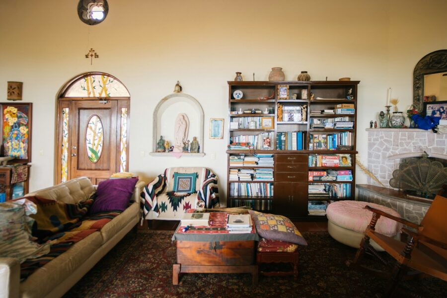 Cozy living room pop culture collectibles bookshelf