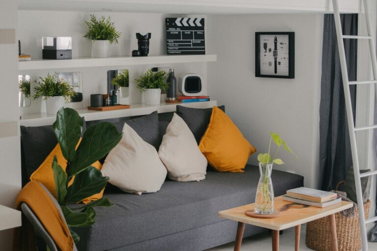 Living room renovation sofa paint ladder plants