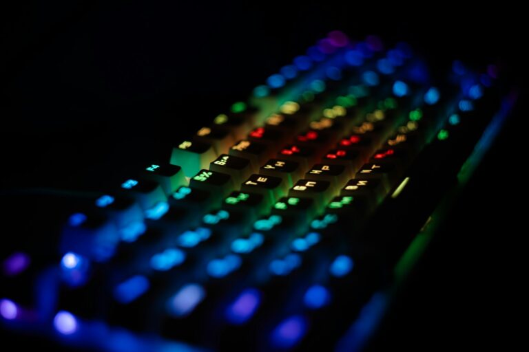 Mechanical gaming keyboard rgb lights desk detail