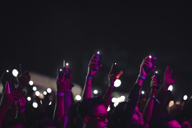 Concert crowd smartphones glow light sticks detail