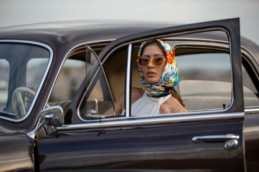 Vintage handbag silk scarf sunglasses street style