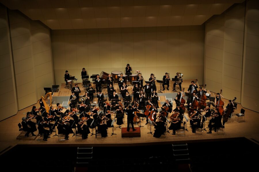 Orchestra performing video game music concert stage
