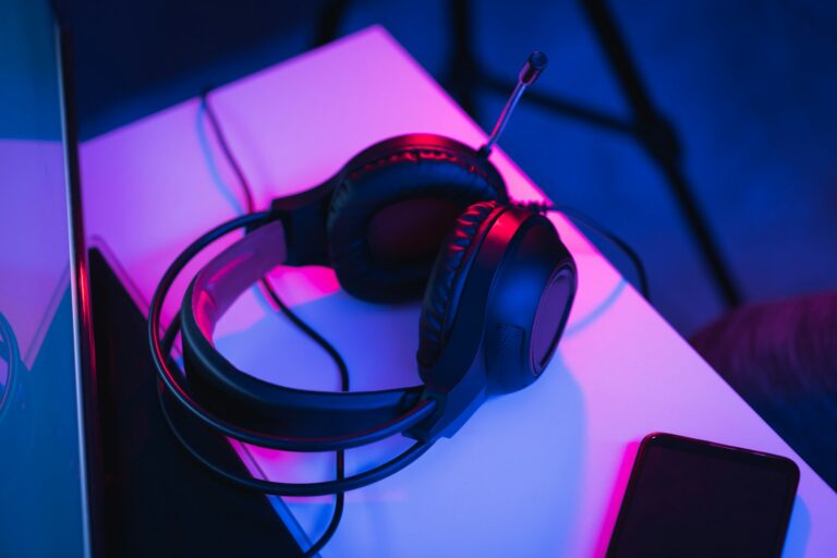 Gaming setup headphones controller vinyl records