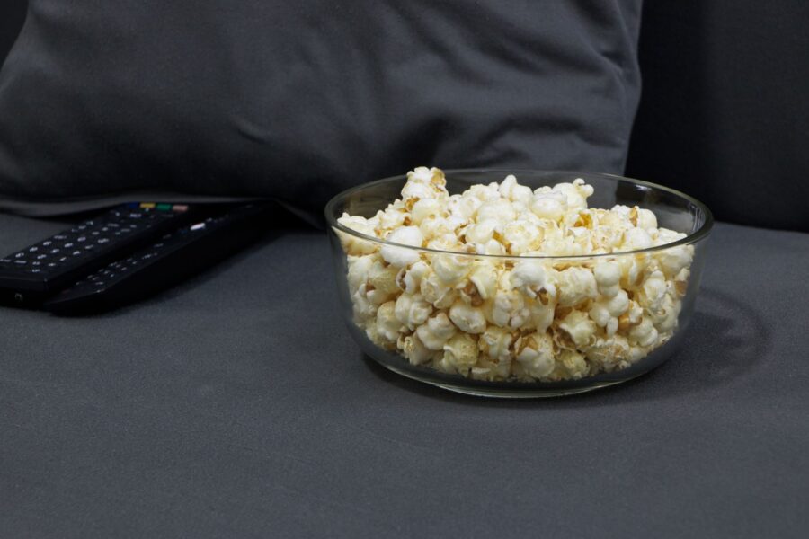 Living room sofa television remote snacks evening