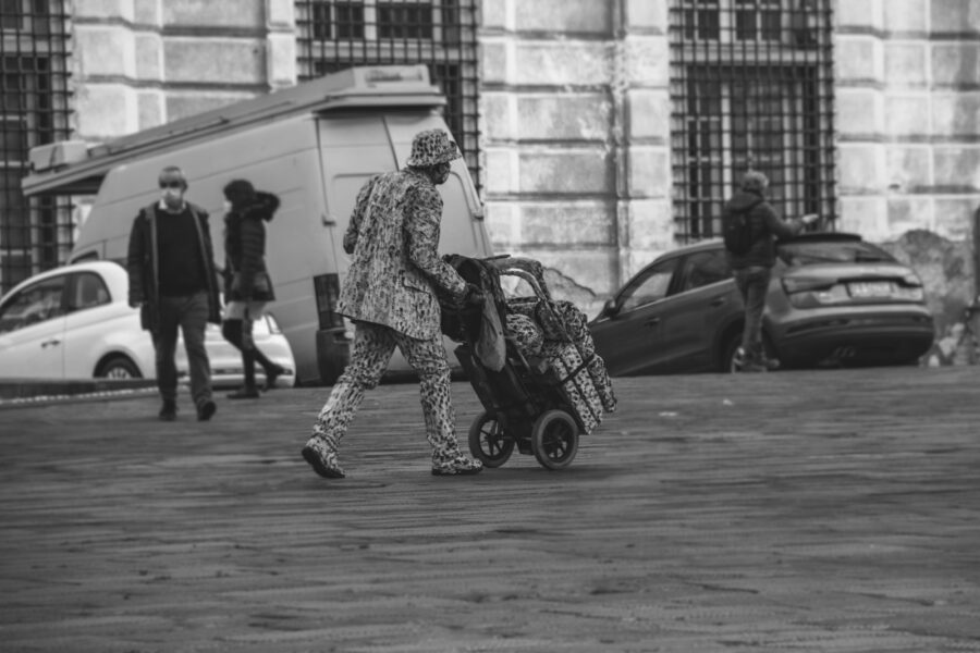 Stylish father walking stroller streetwear outfit
