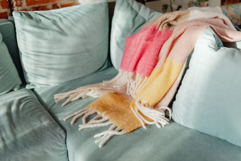 Cozy living room sofa blanket remote